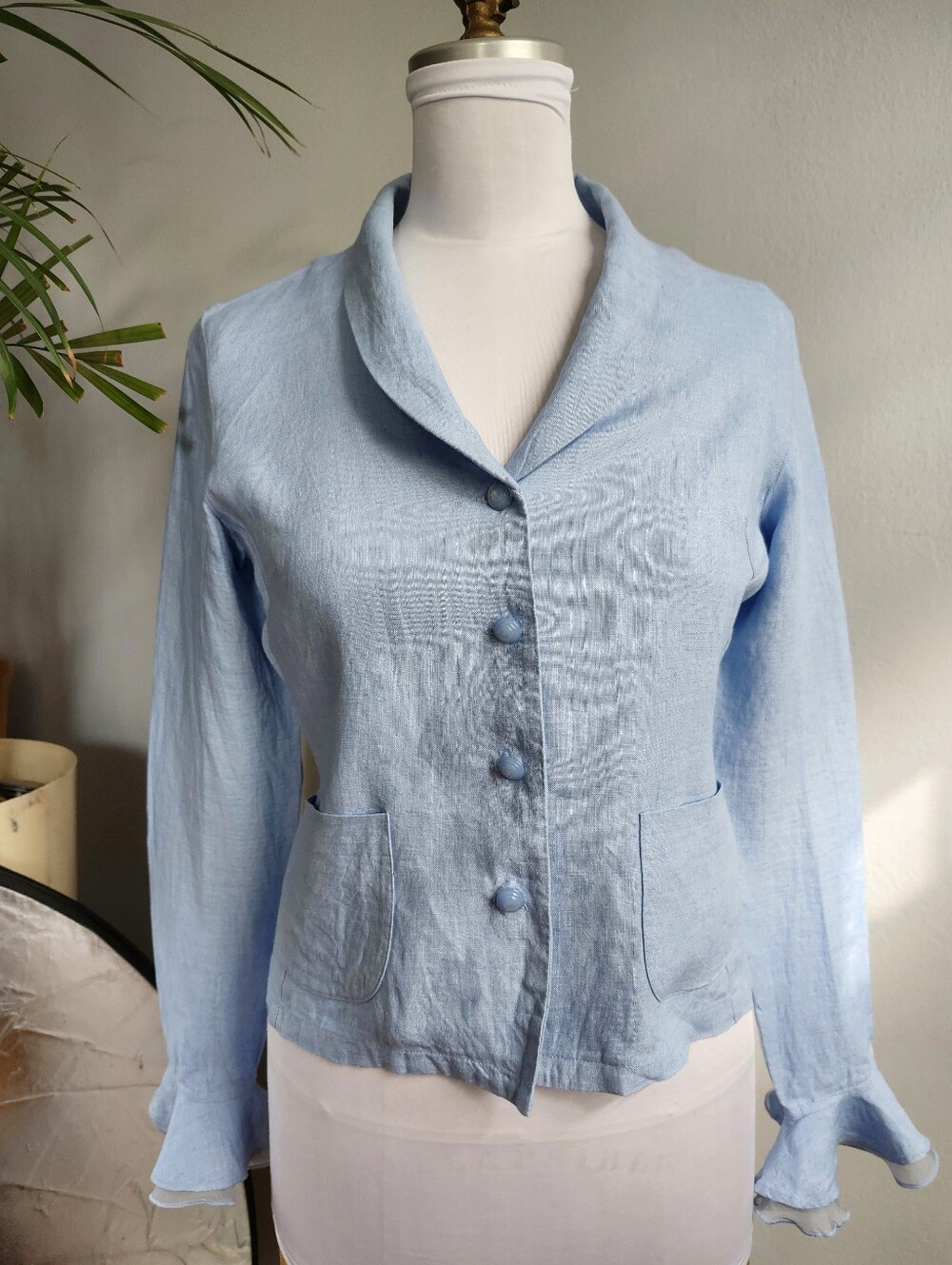 Vintage Willi Smith Light Blue Linen Jacket Blazer Ruffle Bell Sleeve Coastal XS